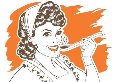 pop art retro woman with apron tasting her food. vector illustrationのイラスト素材