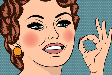 pop art cute retro woman in comics style with OK sign, vector illustrationのイラスト素材