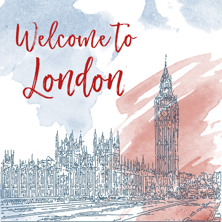 Hand drawn ink line sketch of London. Vector watercolor backgroundのイラスト素材