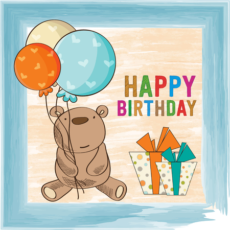 childish birthday card with teddy bearのイラスト素材