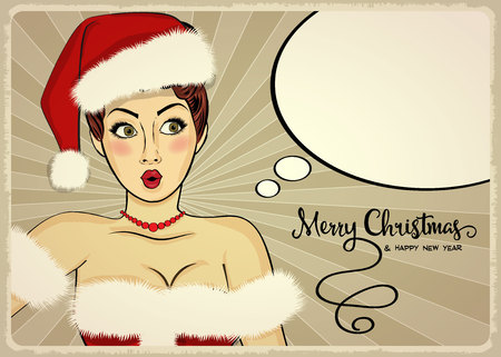 Customizable beautiful retro Christmas card with sexy pin up Santa girl. Format 7 inch/5 inch. Vector illustrationのイラスト素材