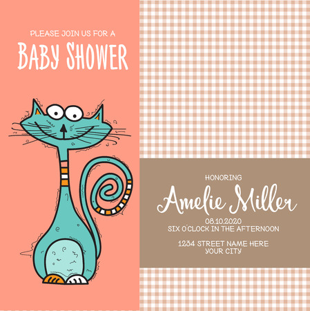 baby shower card template with funny doodle cat, vector formatのイラスト素材