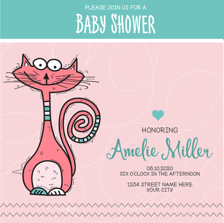 baby shower card template with funny doodle cat, vector formatのイラスト素材