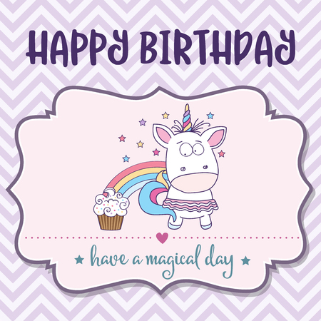 happy birthday card  with lovely baby girl unicorn, vector formatのイラスト素材