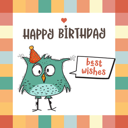 happy birthday card  with funny doodle bird, vector formatのイラスト素材