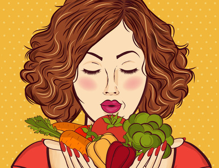 beautiful red-haired lady with vegetables in his handsのイラスト素材