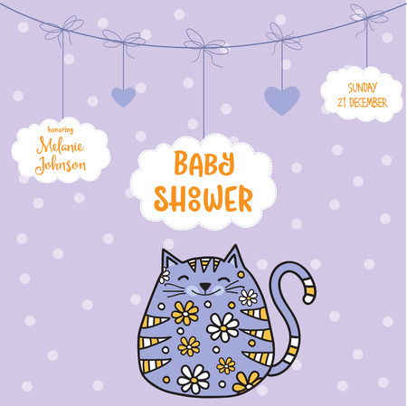 baby shower card template with fat doodle cat, vector formatのイラスト素材