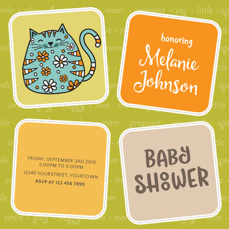 baby shower card template with fat doodle cat, vector formatのイラスト素材