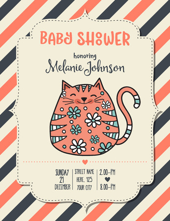 baby shower card template with fat doodle cat, vector formatのイラスト素材