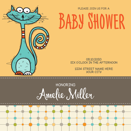 baby shower card template with funny doodle cat, vector formatのイラスト素材