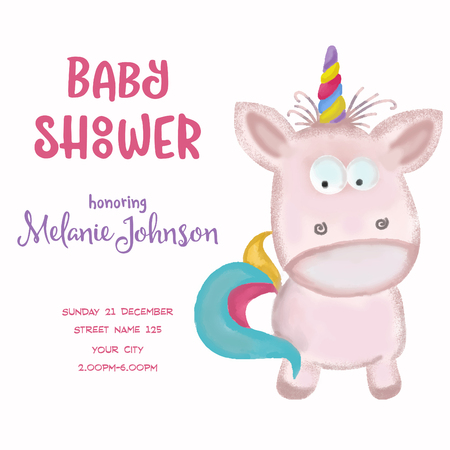 beautiful doodle baby shower card wirh watercolor unicorn, vectorのイラスト素材