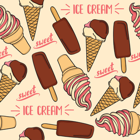 Doodle seamless pattern with ice cream. Wrapping paper, fabric,  background design.のイラスト素材