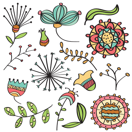 Doodle color flowers and leafs collection, vector formatのイラスト素材