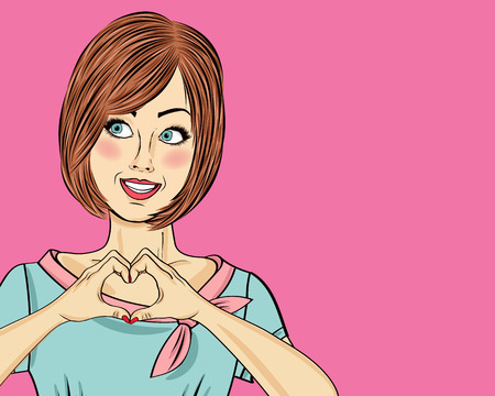 Pop art woman making heart sign with hands. Comic woman . Pin up girl. Positive human emotion. Vector formatのイラスト素材