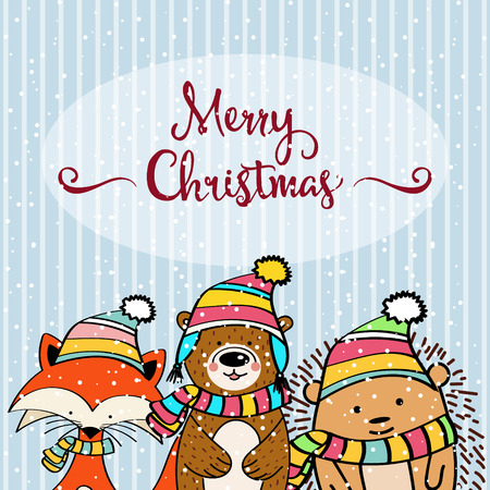Doodle Christmas card with funny dressed animals, fox, hedgehog and bearのイラスト素材