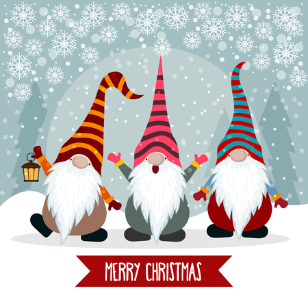 Christmas card with cute gnomes. Flat design. Vectorのイラスト素材