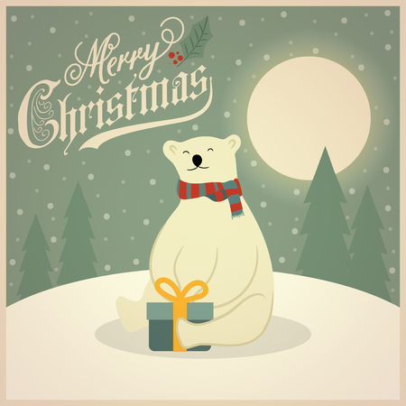 Beautiful retro Christmas card with polar bear and gift box. Flat design. Vectorのイラスト素材