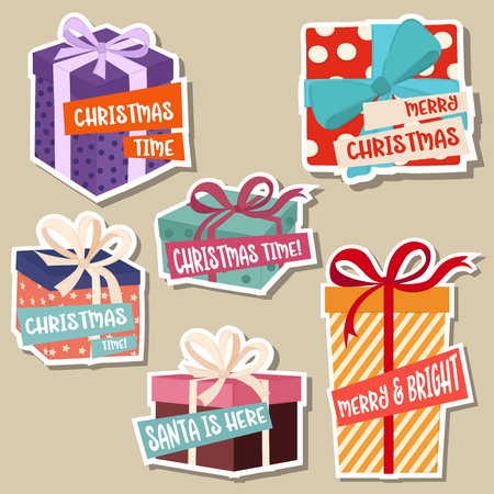 Christmas stickers collection with gift boxes. Isolated itemsのイラスト素材