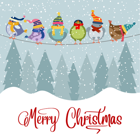 Christmas card with birds. Christmas background. Flat design. Vectorのイラスト素材