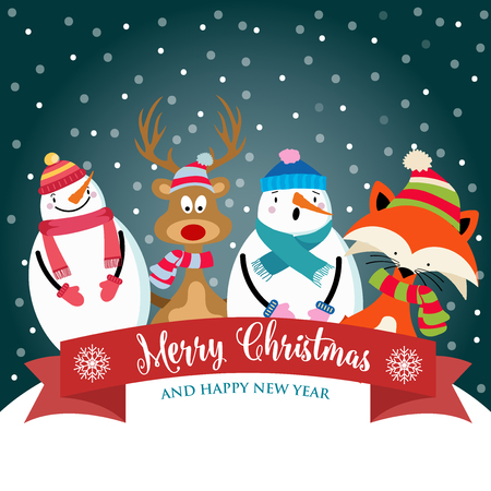 Christmas card with cute dressed animals, snowman and wishes. Flat design. Vectorのイラスト素材