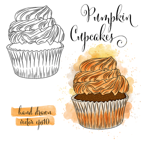 Beautiful hand drawn watercolor cupcakes with pumpkin. Vector formatのイラスト素材