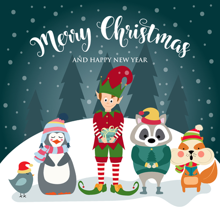 Christmas card with elf and wild animals. Flat design. Vectorのイラスト素材
