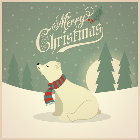Beautiful retro Christmas card with polar bear. Flat design. Vectorのイラスト素材