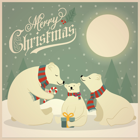 Beautiful flat design retro Christmas card with polar bears family. Flat design. Vectorのイラスト素材