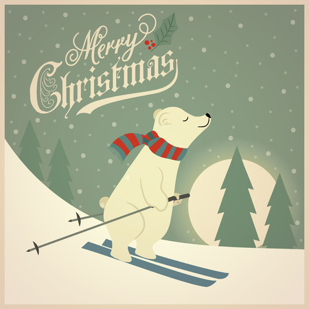 Beautiful retro Christmas card with polar bear skier. Flat design. Vectorのイラスト素材