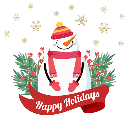 Christmas card with snowman and tree branches. Christmas backgroundのイラスト素材