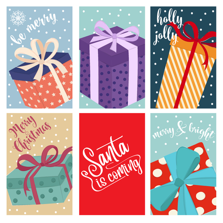 Christmas card collection with gift boxes . Labels. Stickers. Flat designのイラスト素材