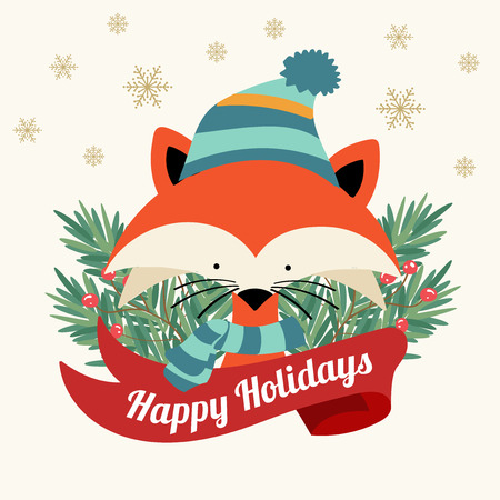 Christmas card with tree braches and little foxのイラスト素材