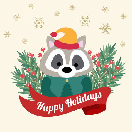 Christmas card with tree braches and funny raccoon.Christmas posterのイラスト素材