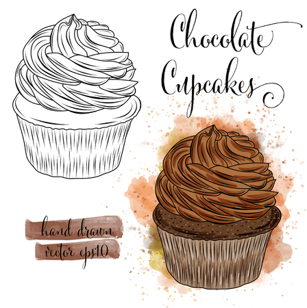Beautiful hand drawn watercolor cupcakes with chocolate. Vector formatのイラスト素材