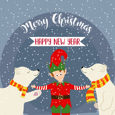 Christmas card with elf and polar bears. Flat design. Vectorのイラスト素材