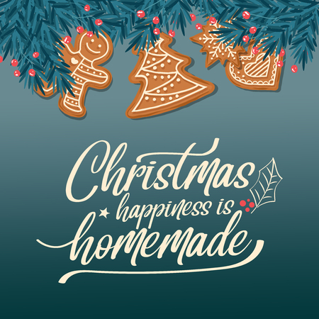 Beautiful Christmas card with fir branches and gingerbread. Christmas backgroundのイラスト素材