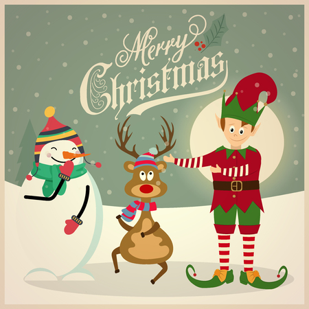 Cute elf with snowman and reindeer. Christmas card. Flat design. Vectorのイラスト素材