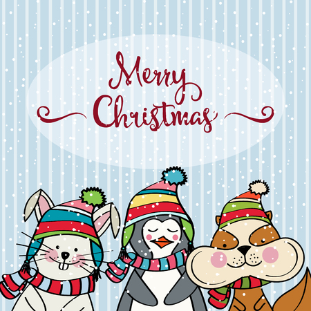 Doodle Christmas card with funny dressed animals, pengun, bunny and squirrelのイラスト素材