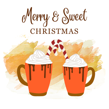 Cute Christmas card with hot chocolate and candy cane. Love and sweet Christmas poater, vectorのイラスト素材