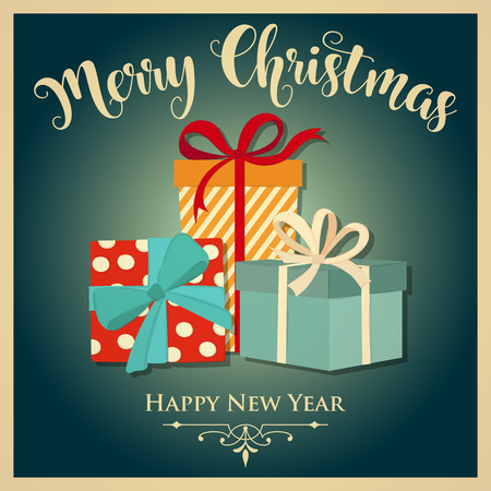 Vintage Christmas card with presents.Christmas poster. Print. Vectorのイラスト素材