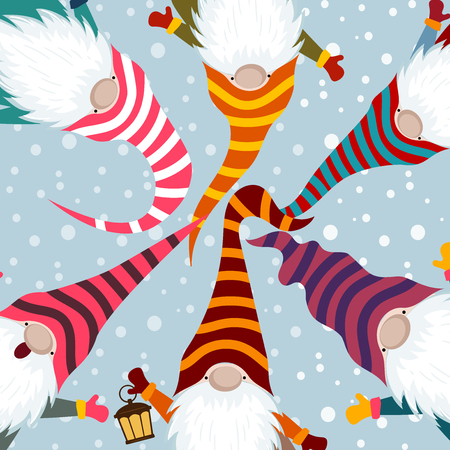 Christmas card with funny gnomes. Scandinavian Christmas. Flat designのイラスト素材