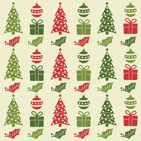 Christmas seamless pattern with  balls, Christmas trees, gifts and mistletoe. Christmas background. Christmas wrapping. Flat designのイラスト素材