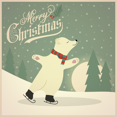 Beautiful retro Christmas card with polar bear skating on ice. Flat design. Vectorのイラスト素材