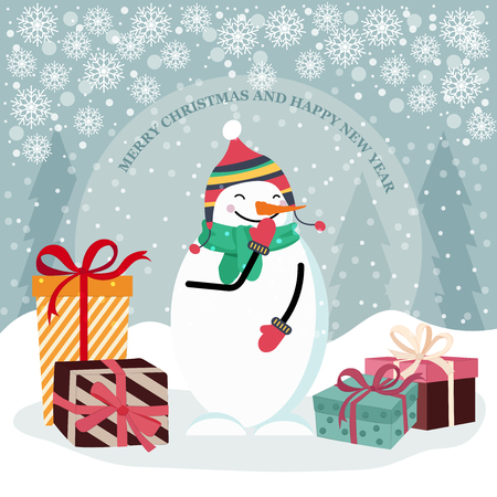 Christmas card with snowman and gift boxes. Flat design. Vectorのイラスト素材