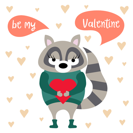 Valentine's day card with raccoon, Flat designのイラスト素材