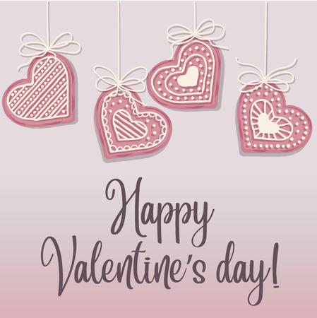 Valentine's day poster with pink heart cookies. Flat design.のイラスト素材