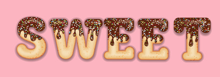 Tempting  typography. Icing text. Word  "sweet" glazed with chocolate and candy. Donut letters. Vectorのイラスト素材