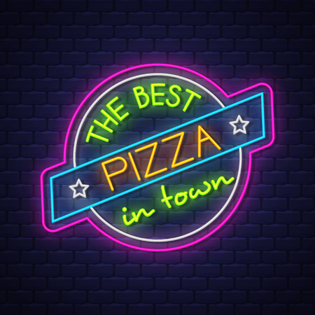 Pizza - Neon Sign Vector. Pizza neon sign on brick wall background, design element, light banner, announcement neon signboard, night advensing. Vector Illustrationのイラスト素材