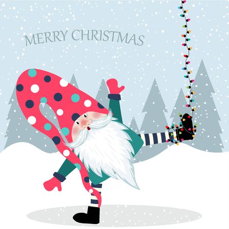 Beautiful flat design Christmas card funny gnome hanging. Christmas poster. Vectorのイラスト素材