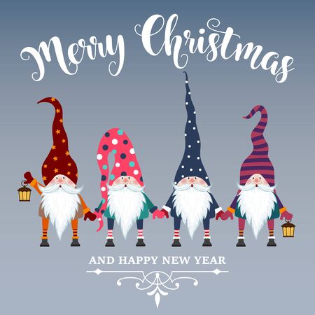 Beautiful flat design Christmas card with gnomes. Christmas poster. Print. Vectorのイラスト素材